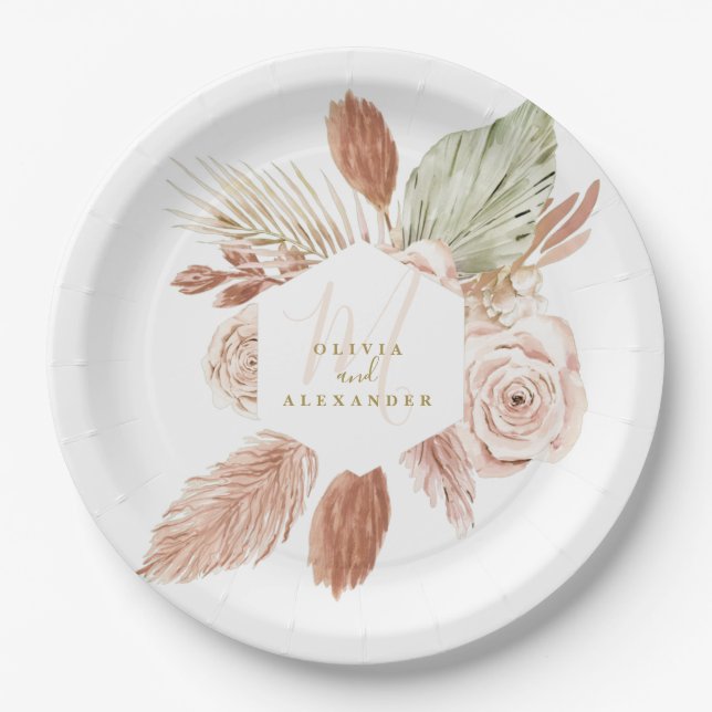 Boho Pampas Tropical Dried Flowers Wedding Paper P Plate (Front)