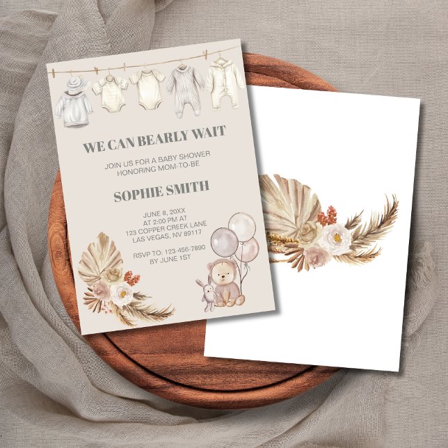 Boho Pampas We Can Bearly Wait Invitation (Creator Uploaded)