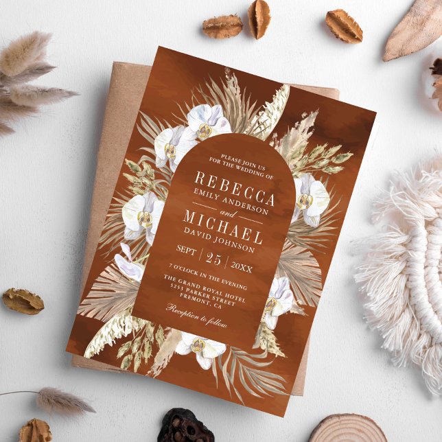 Boho Pampas White Orchid Dried Palm Earthy Wedding Invitation (Creator Uploaded)
