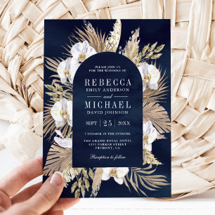 Boho Pampas White Orchid Dried Palm Navy Wedding Invitation