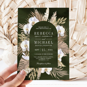 Boho Pampas White Orchid Dried Palm Sage Wedding Invitation