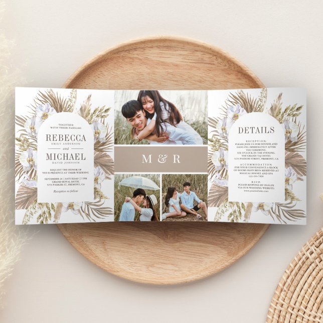 Boho Pampas White Orchid Dried Palm Wedding Tri-Fold Invitation (Creator Uploaded)