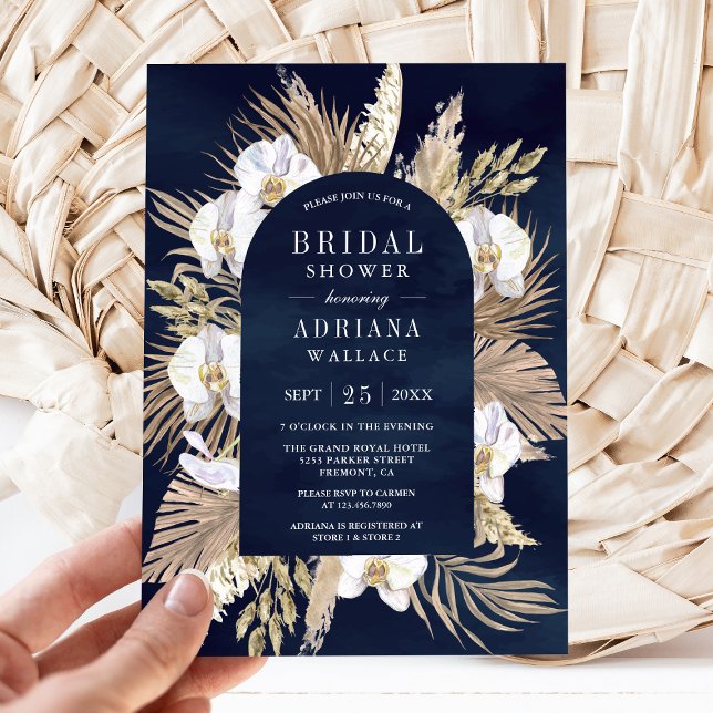 Boho Pampas White Orchid Navy Blue Bridal Shower Invitation (Creator Uploaded)