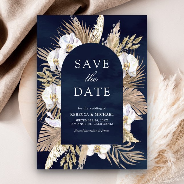 Boho Pampas White Orchid Navy Blue Wedding Save The Date (Creator Uploaded)