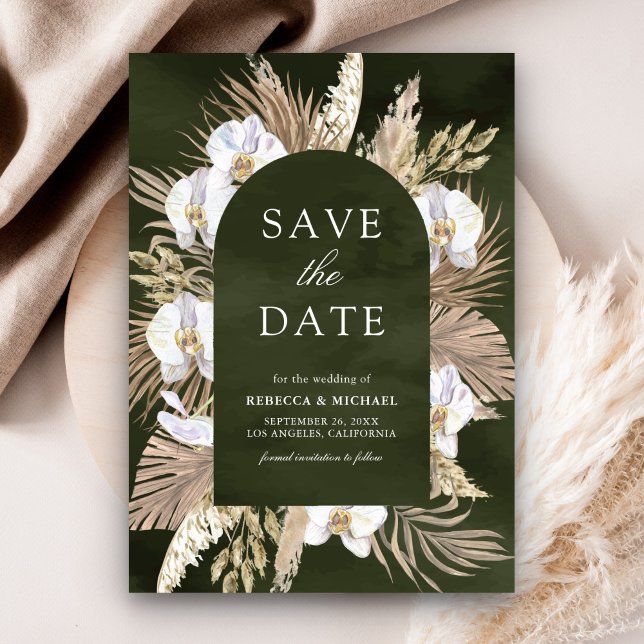 Boho Pampas White Orchid Olive Green Wedding Save The Date (Creator Uploaded)