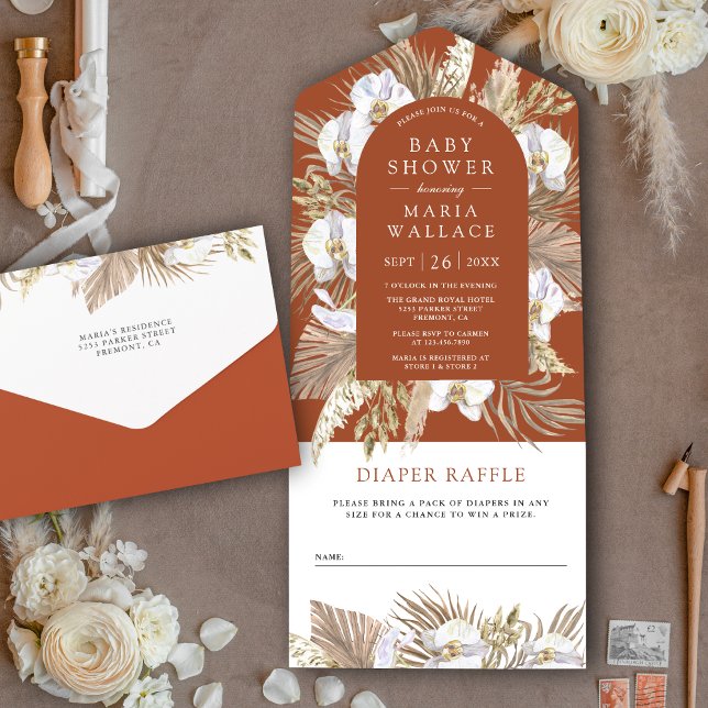 Boho Pampas White Orchid Terracotta Baby Shower All In One Invitation (Creator Uploaded)