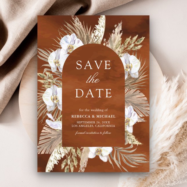 Boho Pampas White Orchid Terracotta Wedding Save The Date (Creator Uploaded)