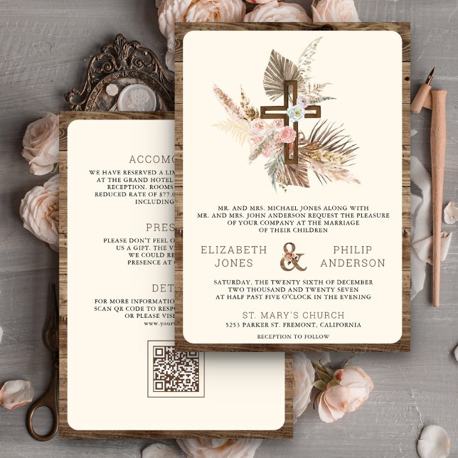 Boho Pampas Wood Cross All in One Catholic Wedding Invitation (Creator Uploaded)