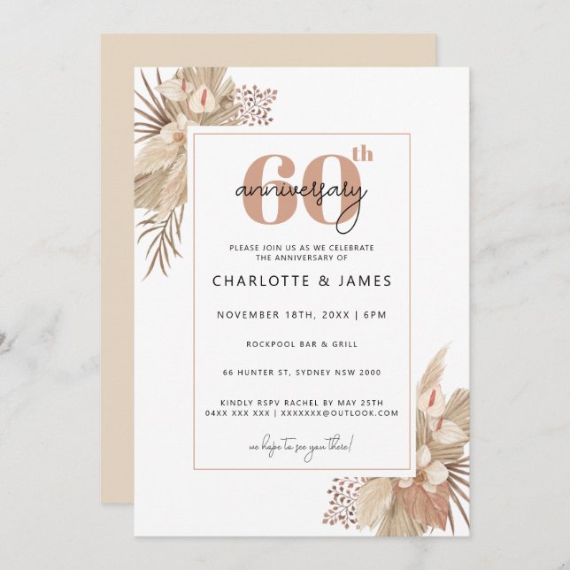 Boho Pampass Grass 60th wedding anniversary Invitation (Front/Back)