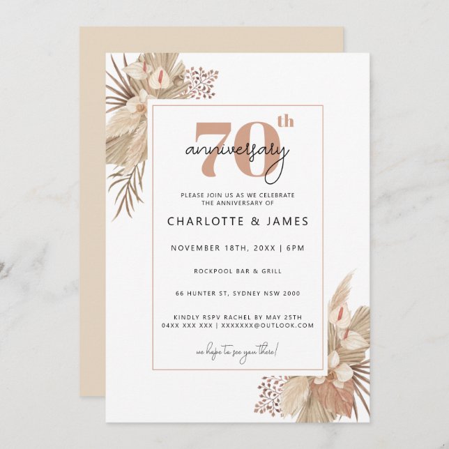 Boho Pampass Grass 70th wedding anniversary Invitation (Front/Back)