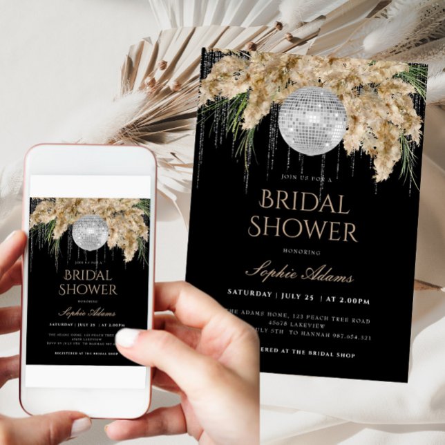 Boho Papmas Grass Disco Ball Black Bridal Shower Invitation (Creator Uploaded)