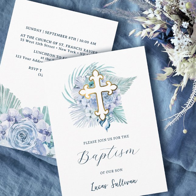 Boho Pastel Blue Bouquet Baptism Invitation (Creator Uploaded)