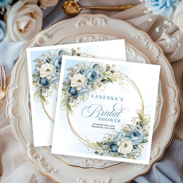 Boho Pastel Blue Floral Greenery Gold Napkins (Boho Pastel Blue Floral Greenery Gold Napkins)