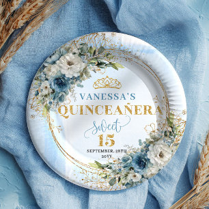 Boho Pastel Blue Flowers Gold Personalized Quince Paper Plate