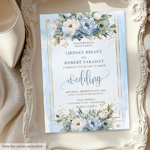 Boho Pastel Blue Gold Flowers Wedding Invitation