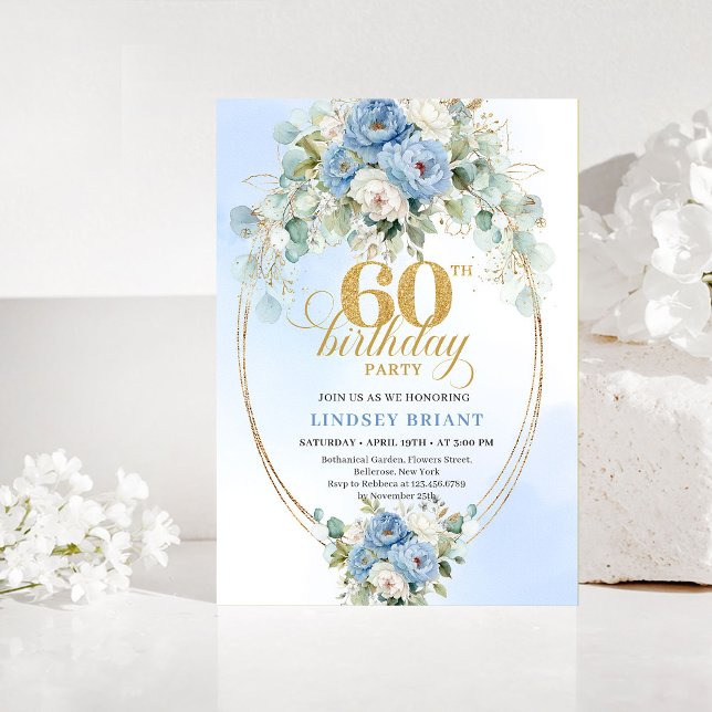 Boho Pastel blue peony greenery gold 60th birthday Invitation (Pastel blue peony greenery gold 60th birthday invitation)