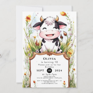 Boho Pastel Cow Birthday Invitation