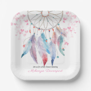 Boho Pastel Feathers Dreamcatcher Girl Baby Shower Paper Plate