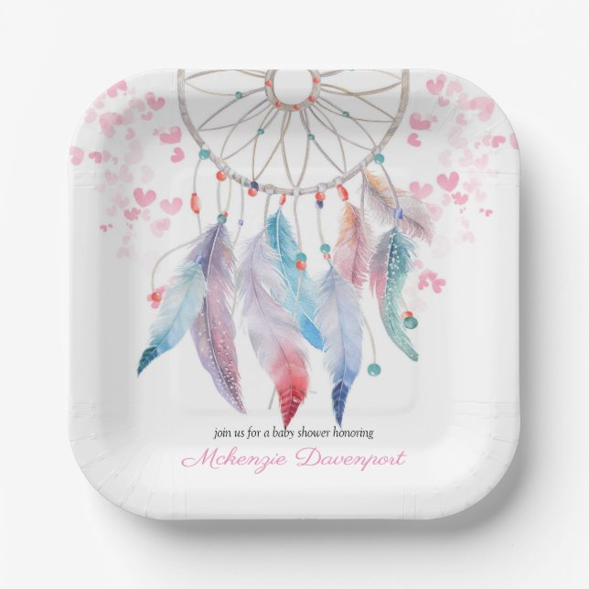 Boho Pastel Feathers Dreamcatcher Girl Baby Shower Paper Plate (Front)