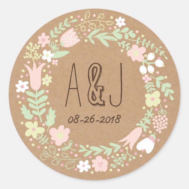 Boho Pastel Floral Wreath Rustic Wedding Classic Round Sticker (Front)