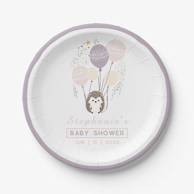 Boho Pastel Hedgehog and Balloons Baby Shower Paper Plate (Front)