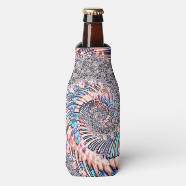Boho Pastel Pink and Blue Spiral Abstract Fractal Bottle Cooler (Bottle Front)