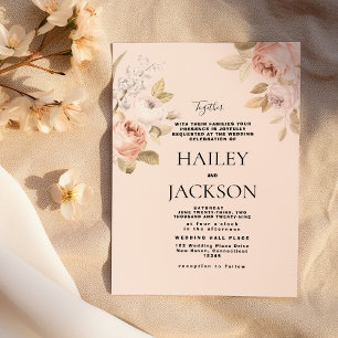 Boho pastel pink brown rustic floral wedding invitation