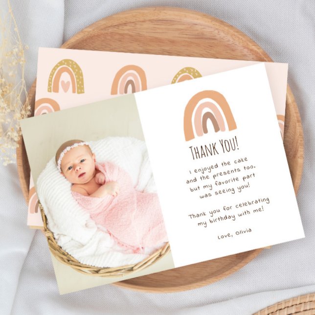 Boho Pastel Rainbow 1st Birthday Photo Thank You Invitation (Creator Uploaded)