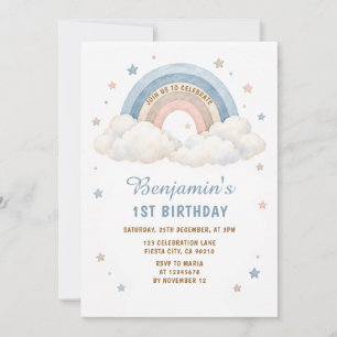 Boho Pastel Rainbow Clouds Boy 1st Birthday Stars Invitation