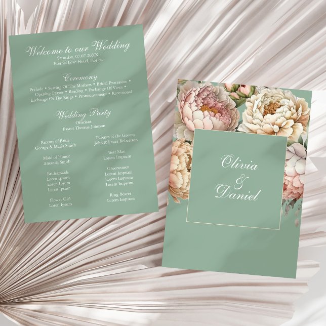 Boho Pastel Sage & Blush Peonies Wedding Program Programme (Boho Pastel Sage & Blush Peonies Wedding Program on a sunny neutral dry palm leaf.)