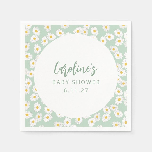 Boho Pastel Sage Daisies Floral Custom Baby Shower Napkin (Front)