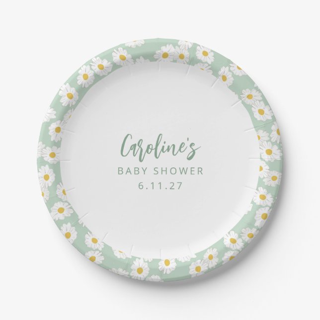 Boho Pastel Sage Daisies Floral Custom Baby Shower Paper Plate (Front)