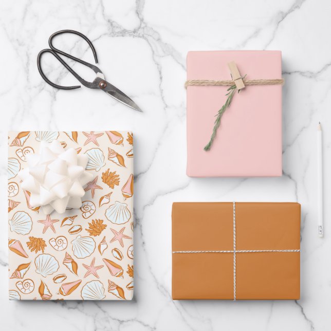 Boho Pastel Terracotta Pink Seashell Wrapping Wrapping Paper Sheet (Front)