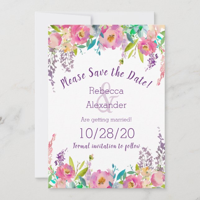 Boho Pastel Water Colour Floral Save the Date (Front)
