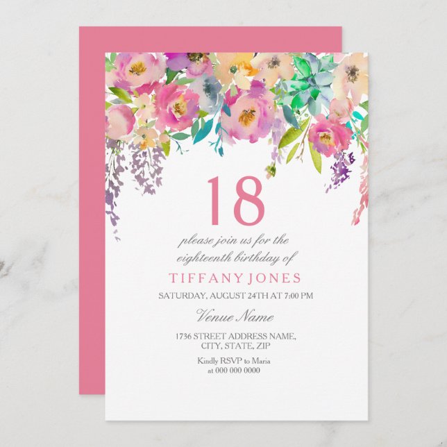 Boho Pastel Watercolor Flowers 18th Birthday Party Invitation (Front/Back)