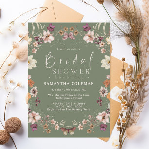 Boho Pastel Wildflower Sage Green Bridal Shower Invitation