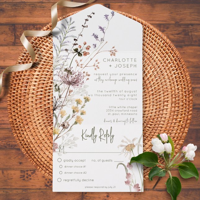 Boho Pastel Wildflowers Modern Floral Dinner All In One Invitation (Creator Uploaded)