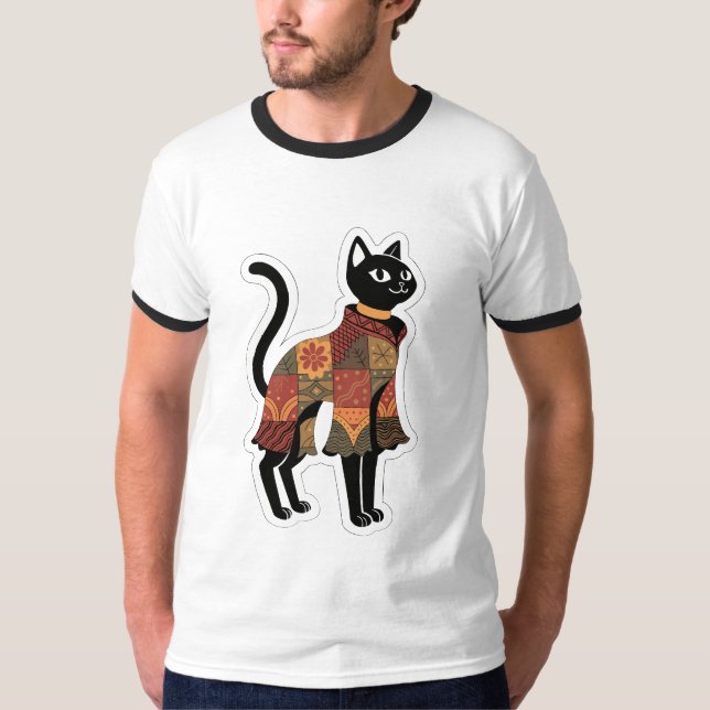 Boho Patchwork Black Cat Graphic Tee (Front)