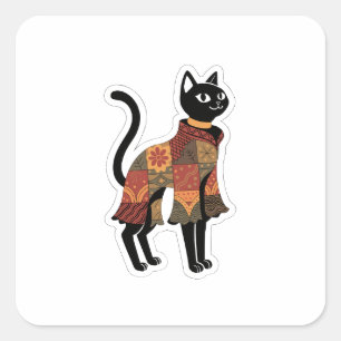 Boho Patchwork Cat Folk Art Sticker