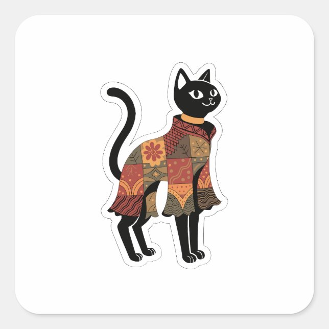 Boho Patchwork Cat Folk Art Sticker (Front)