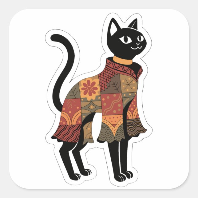 Boho Patchwork Cat Folk Art Sticker (Front)