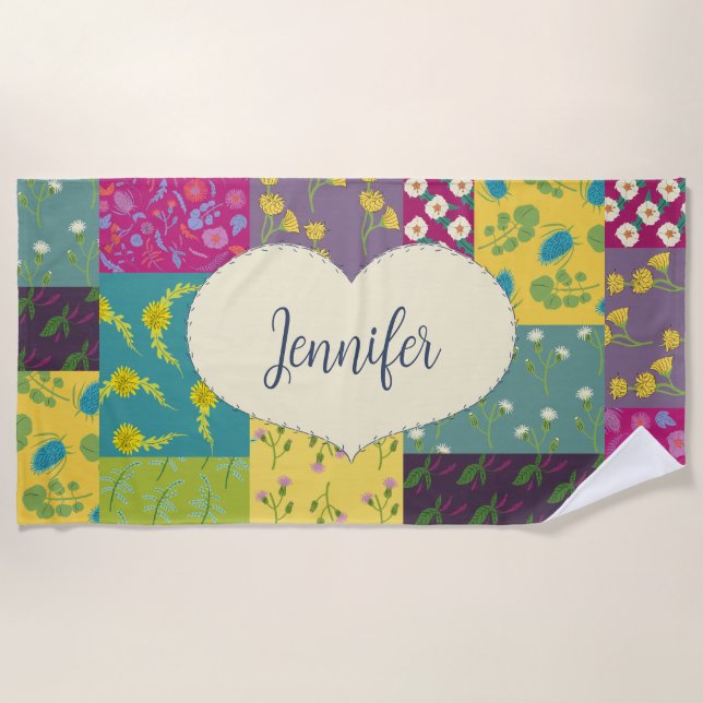 Boho Patchwork Quilt and Heart Shape Personalised Beach Towel (Front)