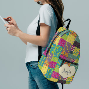 Boho Patchwork Quilt and Heart Shape Personalised Printed Backpack
