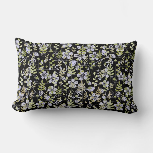 Boho pattern 02.w Floral on Black BG Lumbar Cushion (Front)