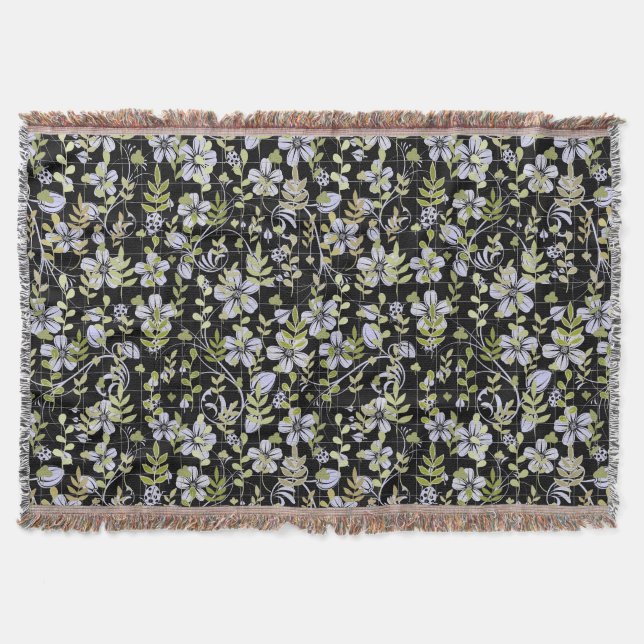 Boho pattern 02.w Floral on Black BG Throw Blanket (Front)
