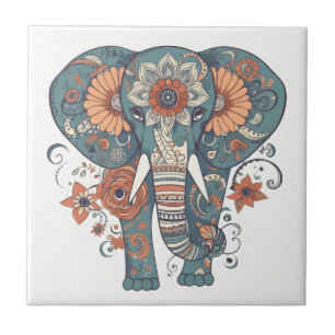 Boho Pattern Floral Elephant  Tile