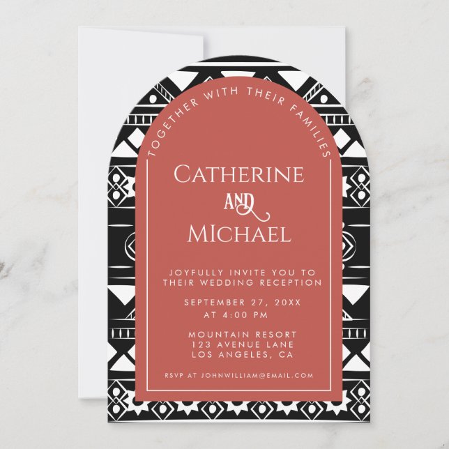 Boho Pattern Photo Arch Coral Wedding Reception Invitation (Front)