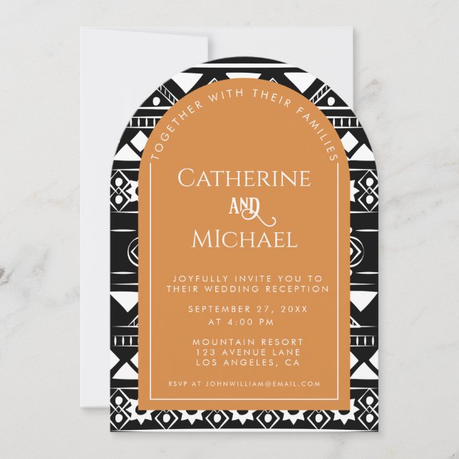 Boho Pattern Photo Arch Orange Wedding Reception Invitation (Front)