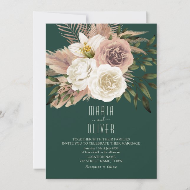 Boho Peach and Emerald Green Wedding Invitation (Front)