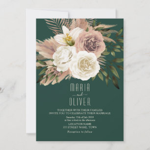 Boho Peach and Emerald Green Wedding Invitation